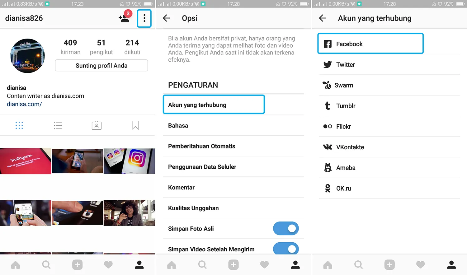Menghubungkan Akun Instagram Dengan Facebook