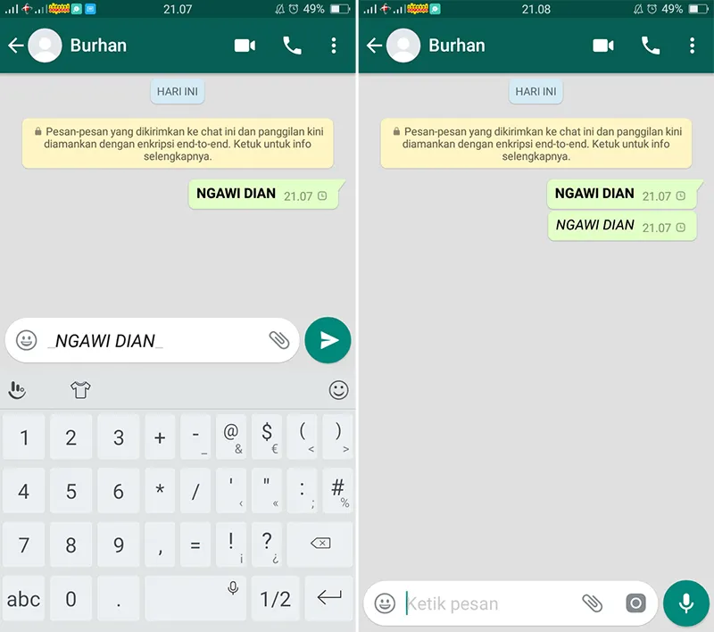 Cara Menulis Huruf miring di WhatsApp