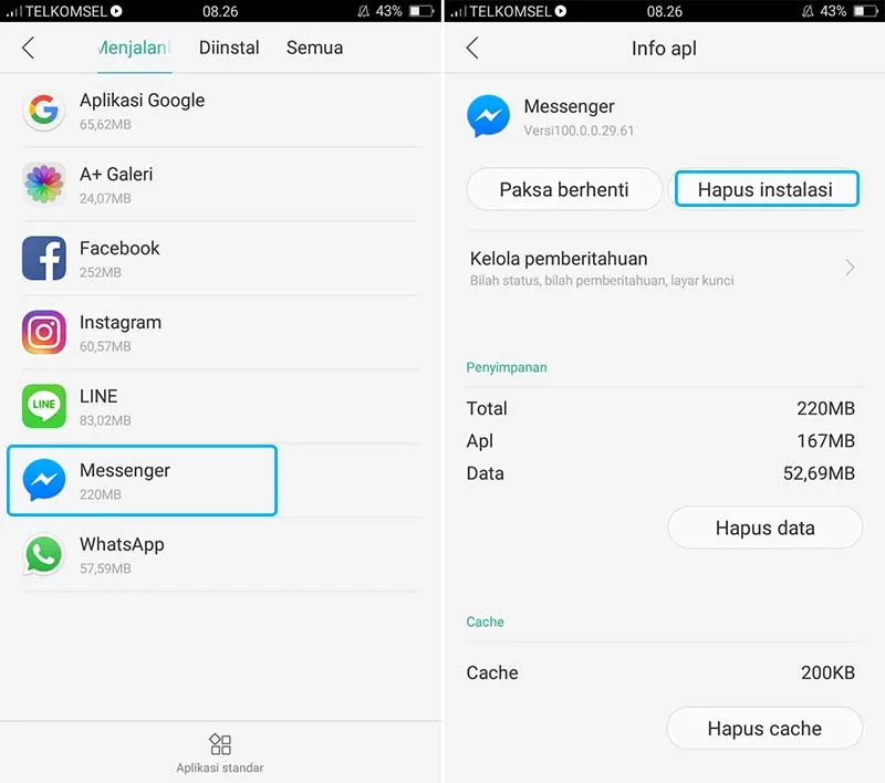 Uninstall Aplikasi Messenger