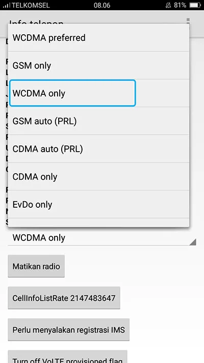 Pilih WCDMA Only 