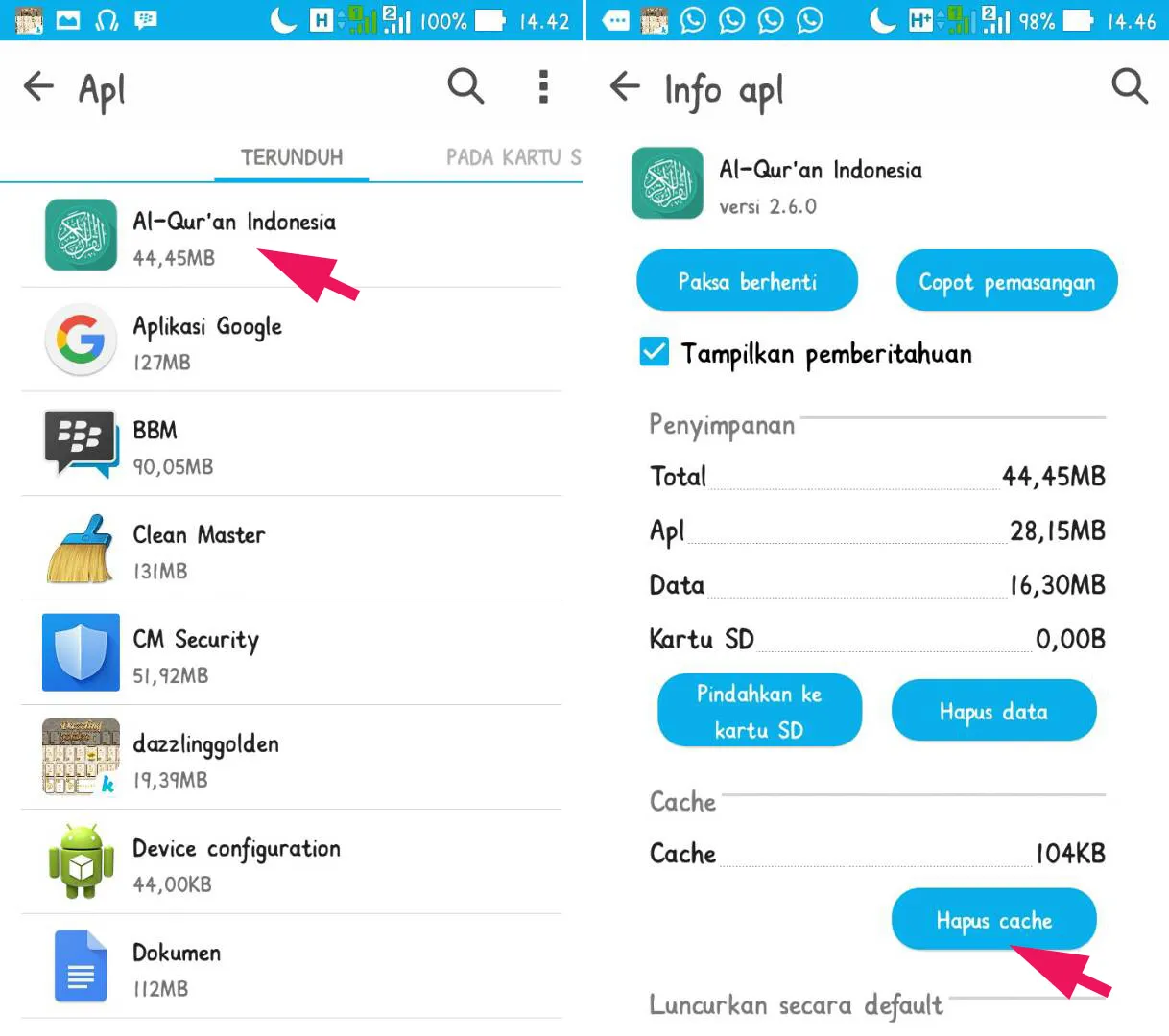 Hapus Cache Aplikasi
