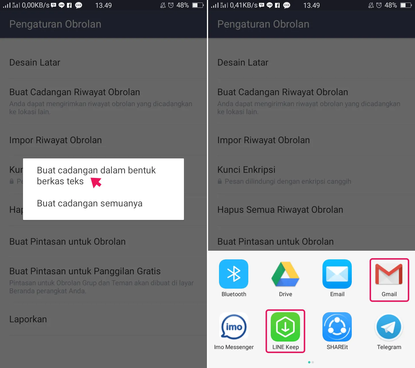 Pilih Cadangkan Obrolan Dalam Bentuk Text 