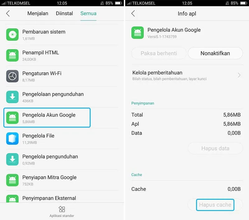 Hapus Cache Pengelola Akun Google