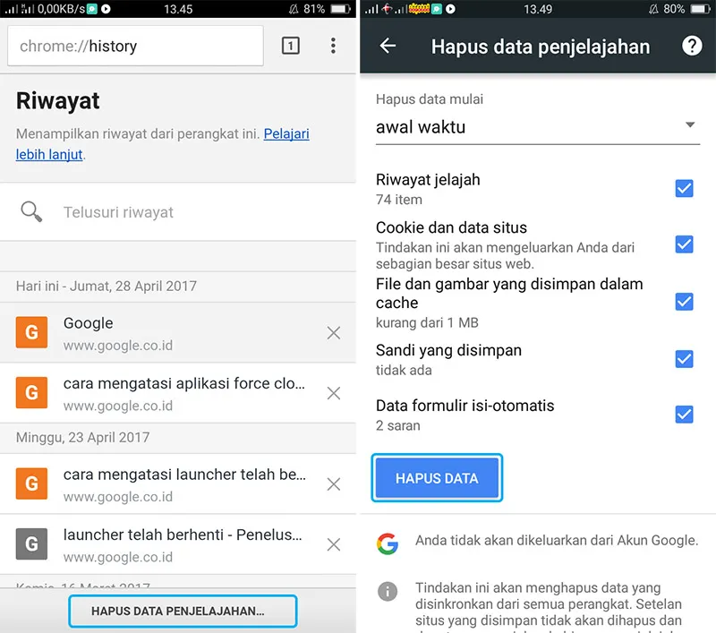 Hapus Cache dan Cookies Google Chrome Android