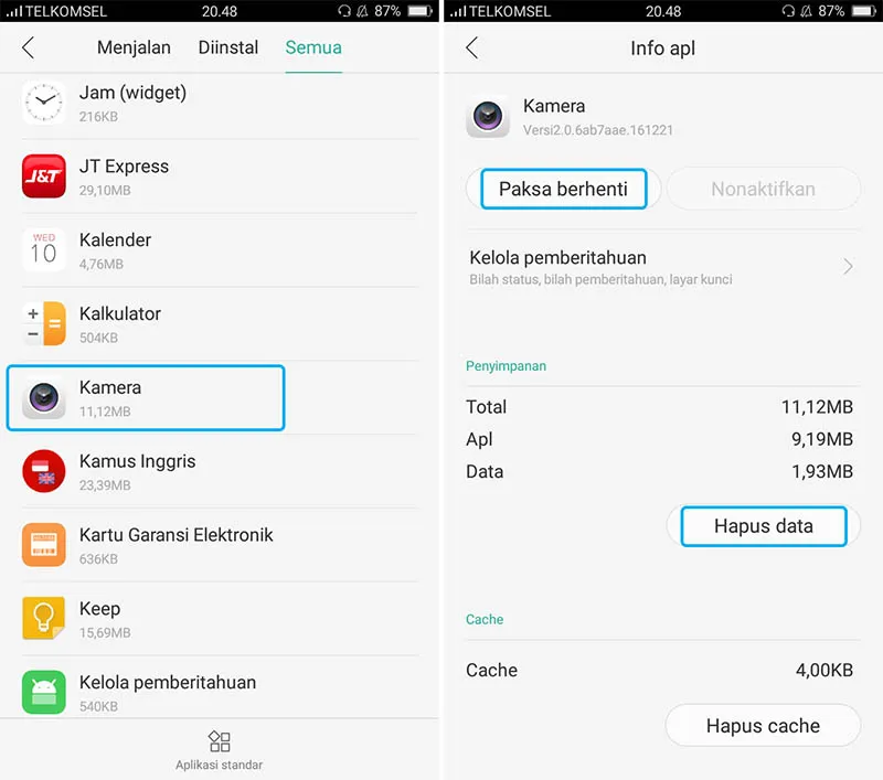 Hapus Data Aplikasi Kamera