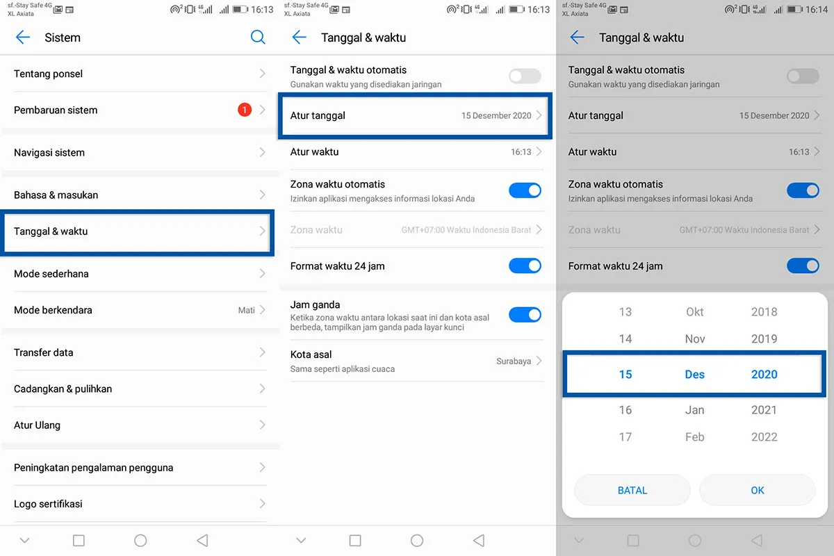 Atur tanggal dan waktu manual