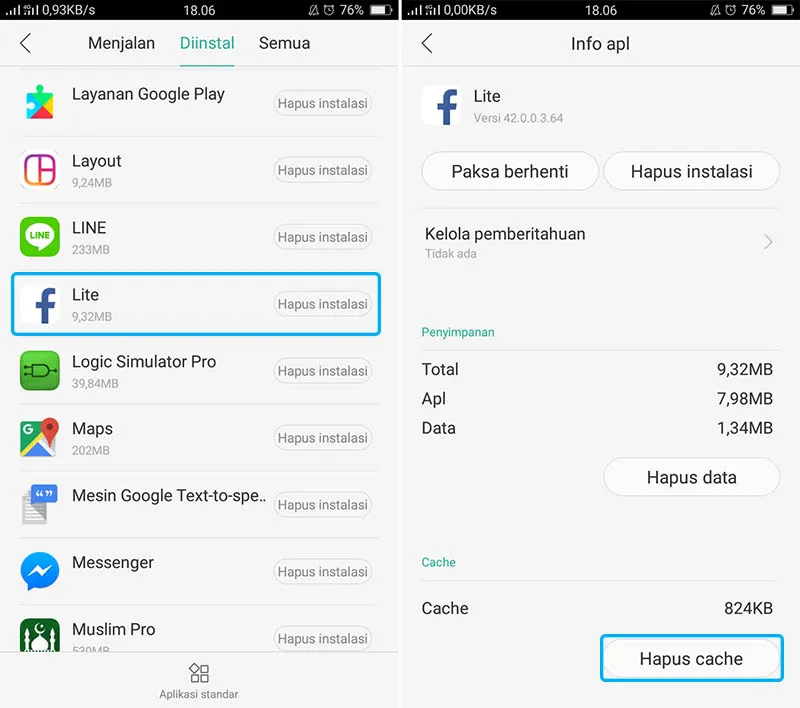 Hapus Cache Facebook Lite