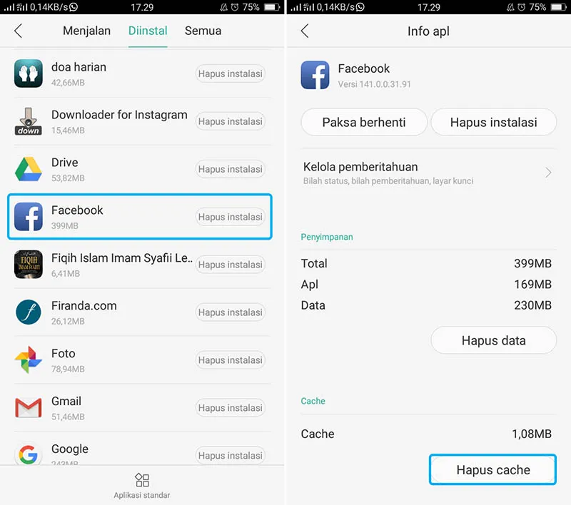 Hapus Cache Facebook