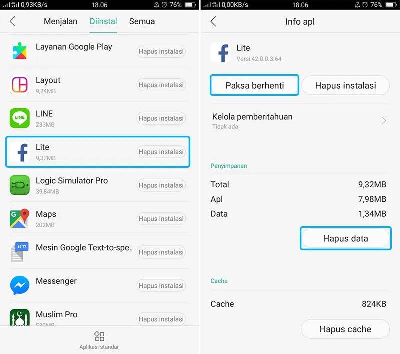 Hapus Data Facebook Lite