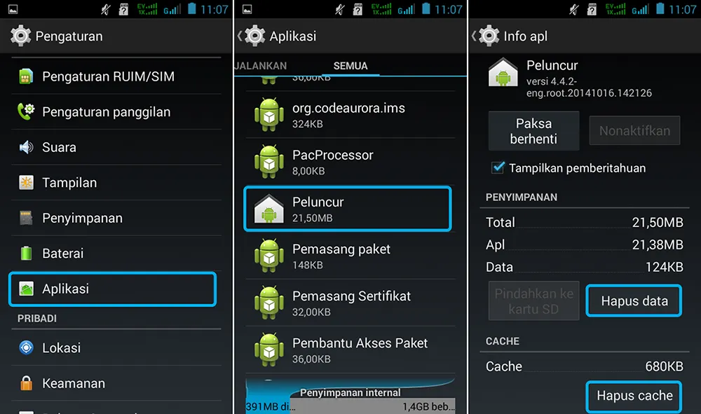 Hapus Cache dan Data Peluncur Andromax