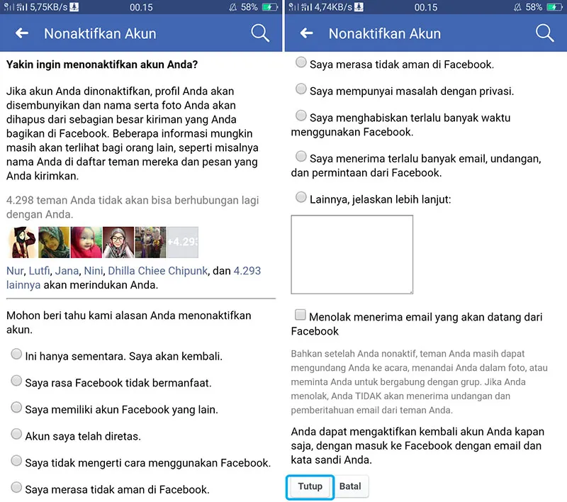 Nonaktifkan Akun Facebook