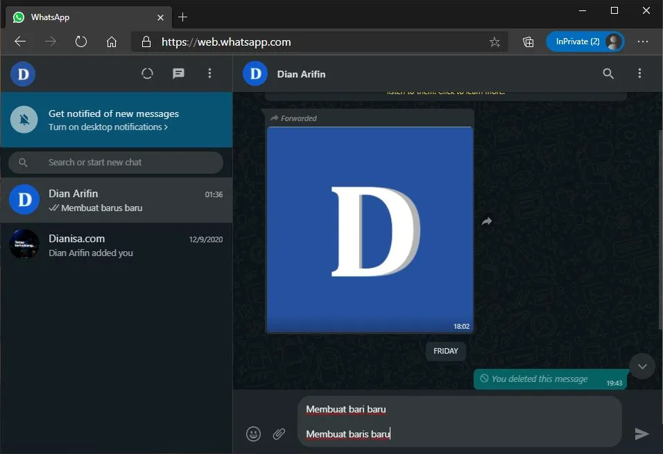 Tekan Enter Baris Baru WhatsApp Web