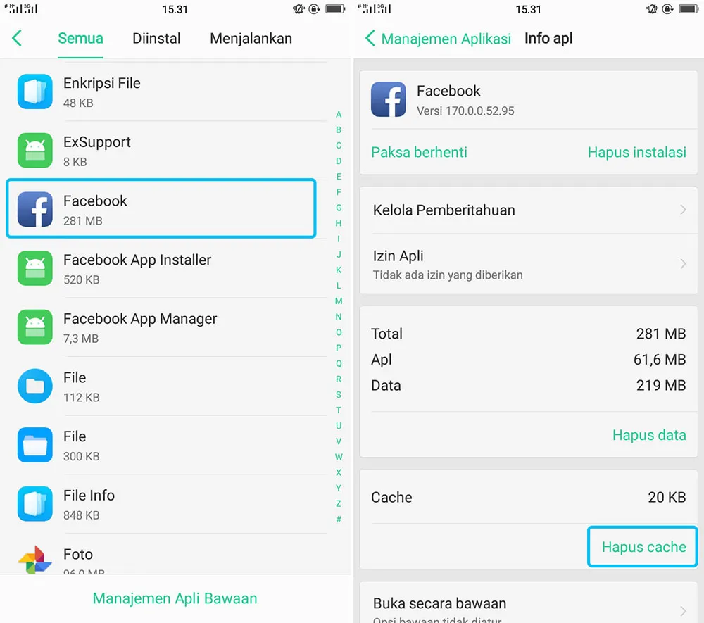 Hapus Cache Aplikasi OPPO A71