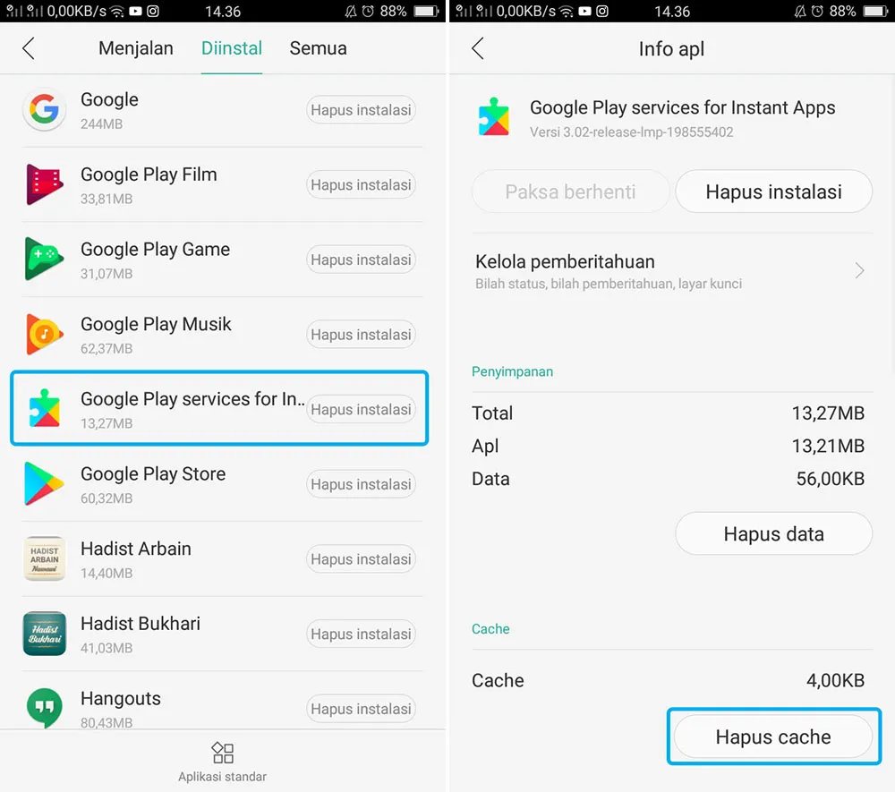 Hapus Cache Google Play Service For Instant Apps OPPO