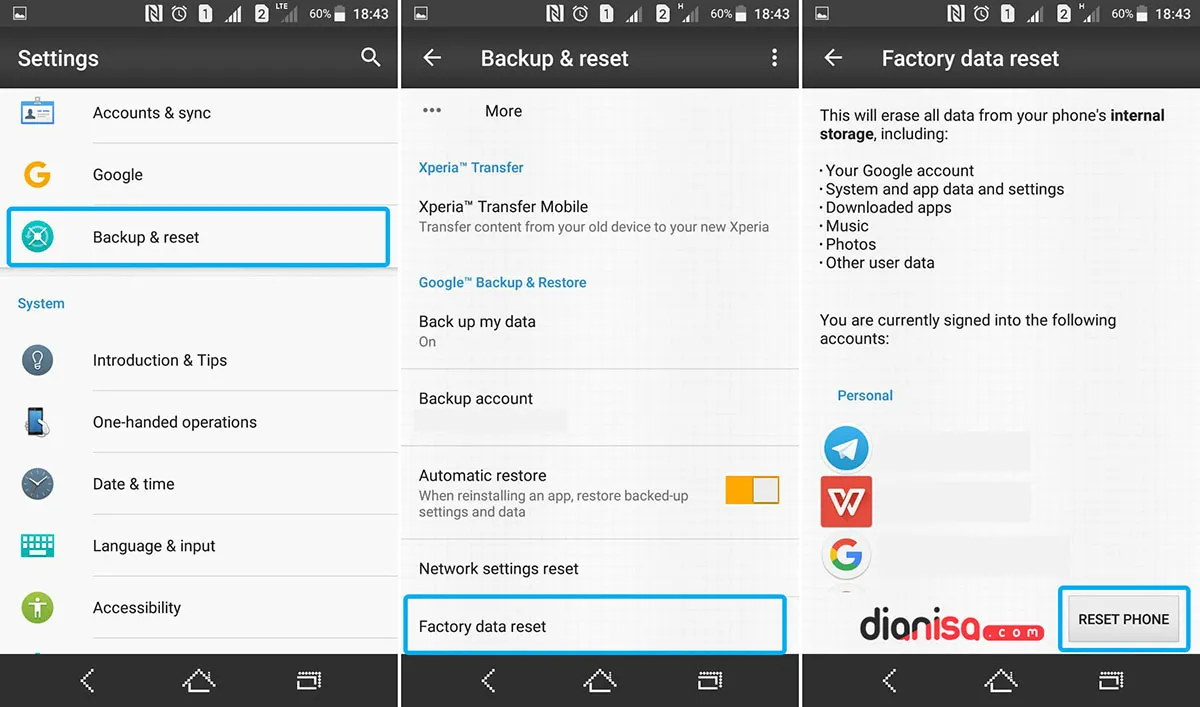Factory Reset SONY Xperia
