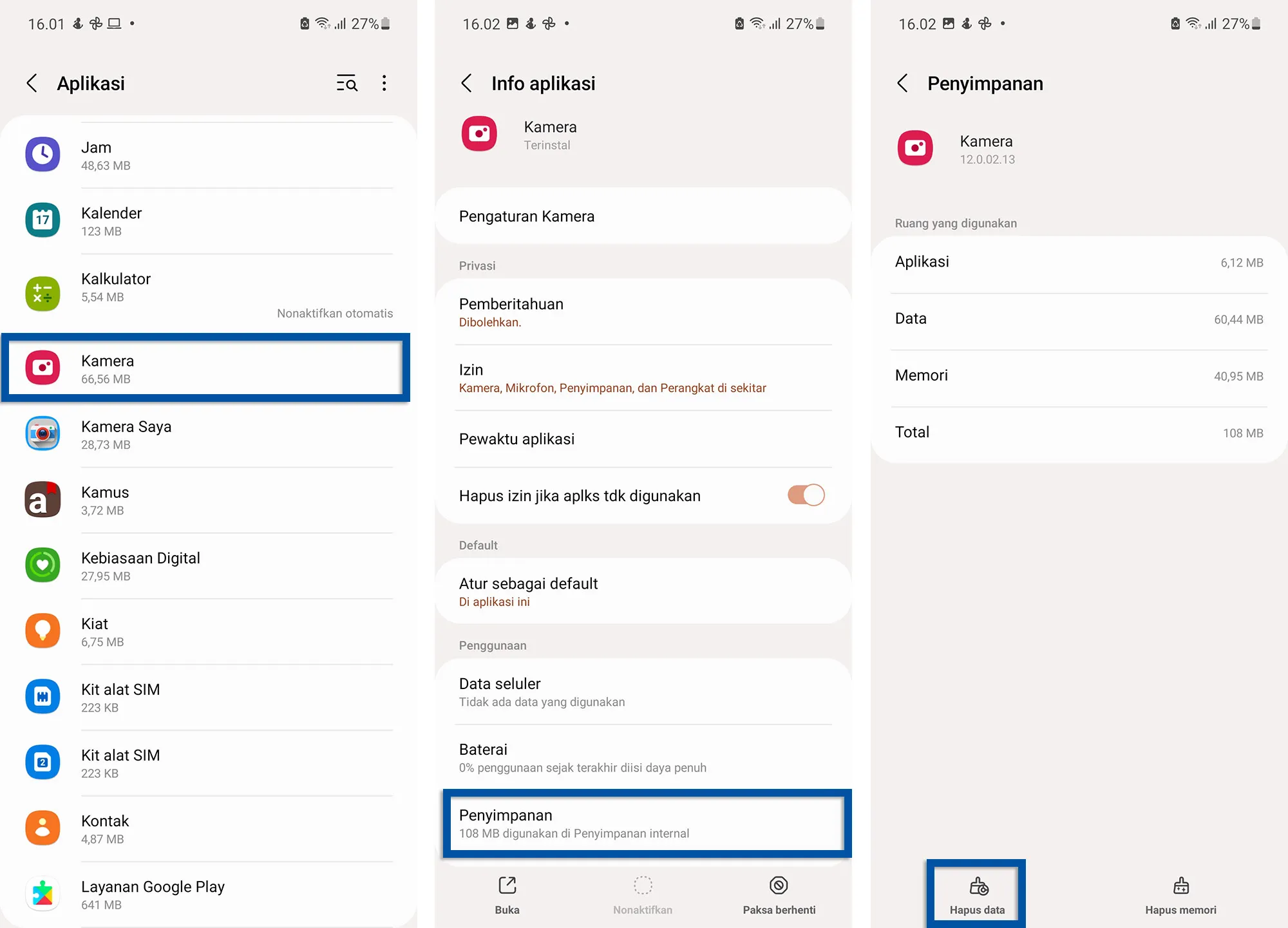 Hapus data aplikasi kamera