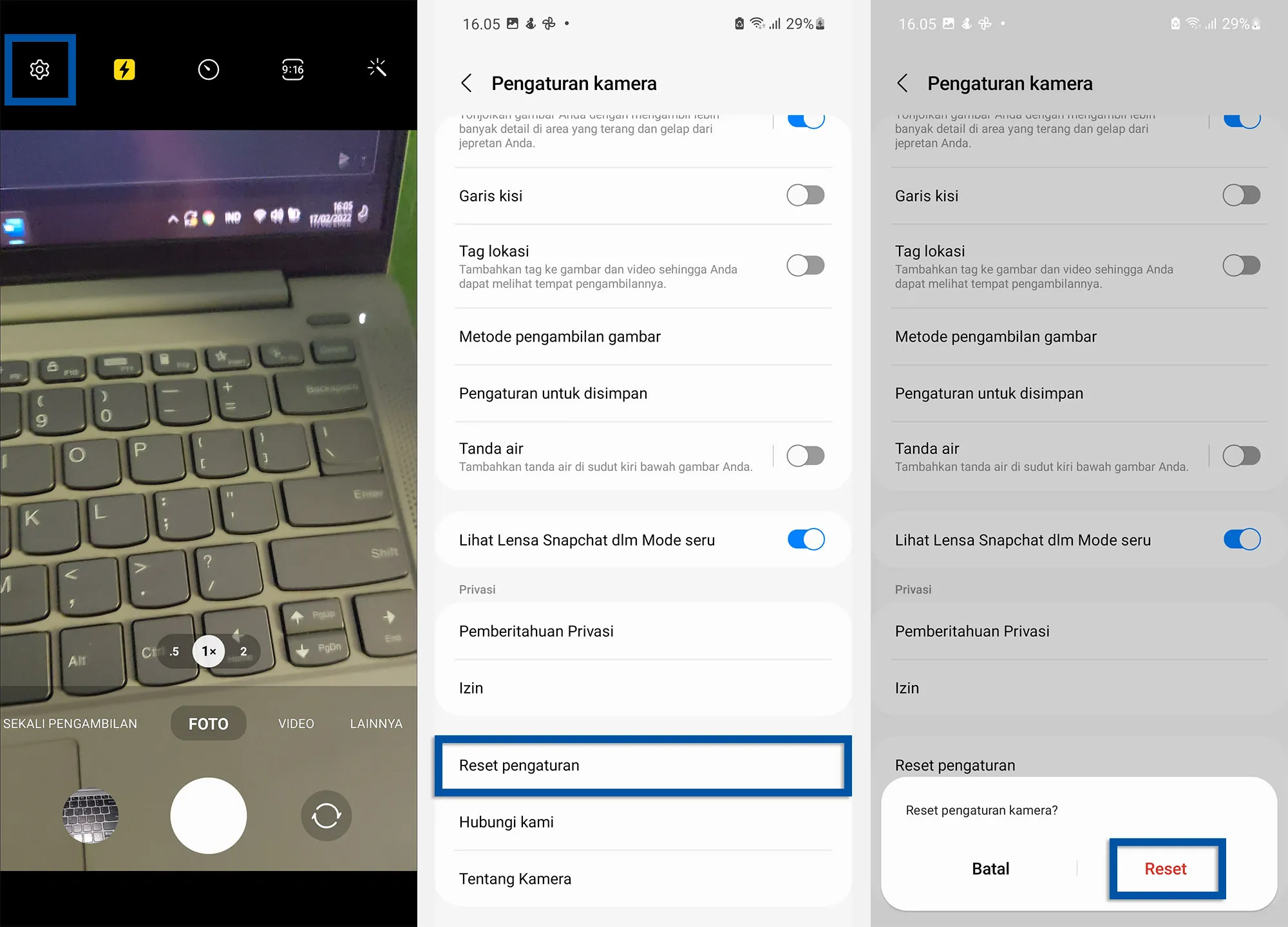 Reset pengaturan kamera