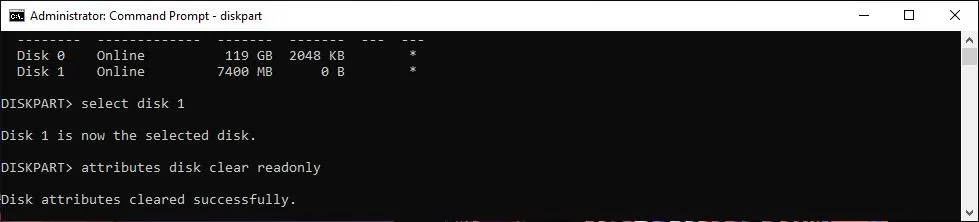 Attributes Disk Clear Readonly
