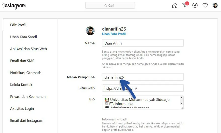 2 Mengganti Username Instagram Komputer