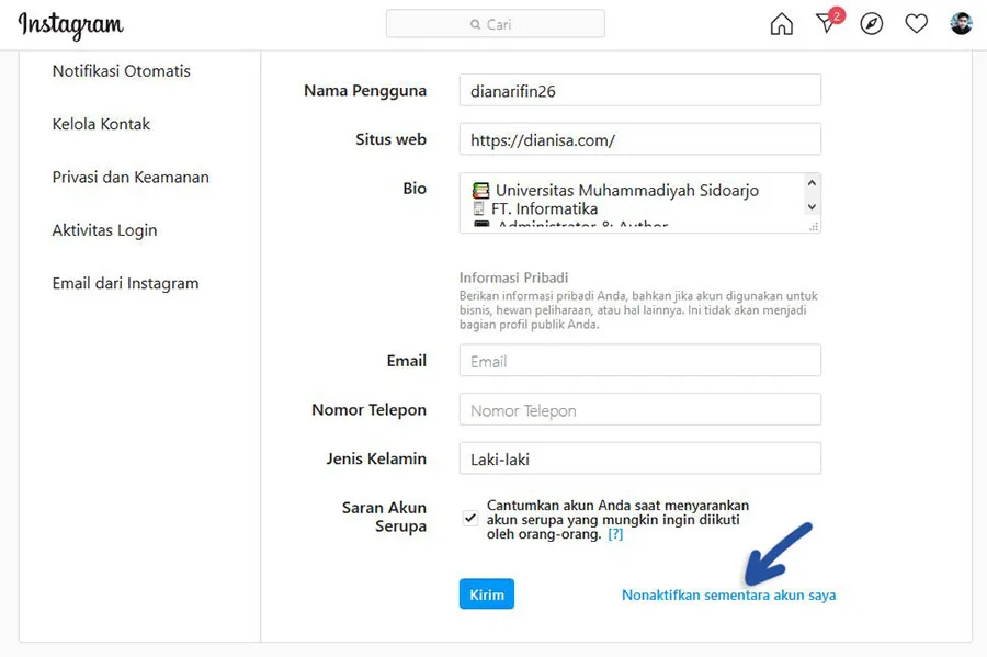 2 Nonaktifkan Akun Instagram