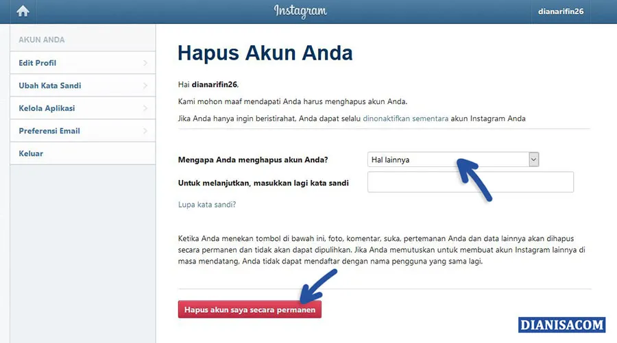 Menghapus Akun Instagram secara Permanen