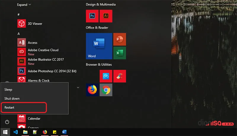 1. Restart dari Start Menu