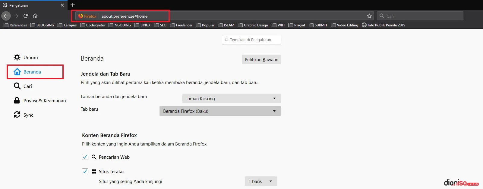 2. Menghilangkan Box Pencarian Mozilla Firefox
