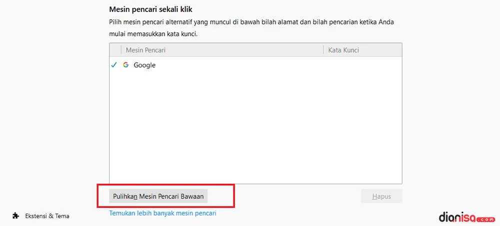2. Ubah Default Mesin Pencari Firefox