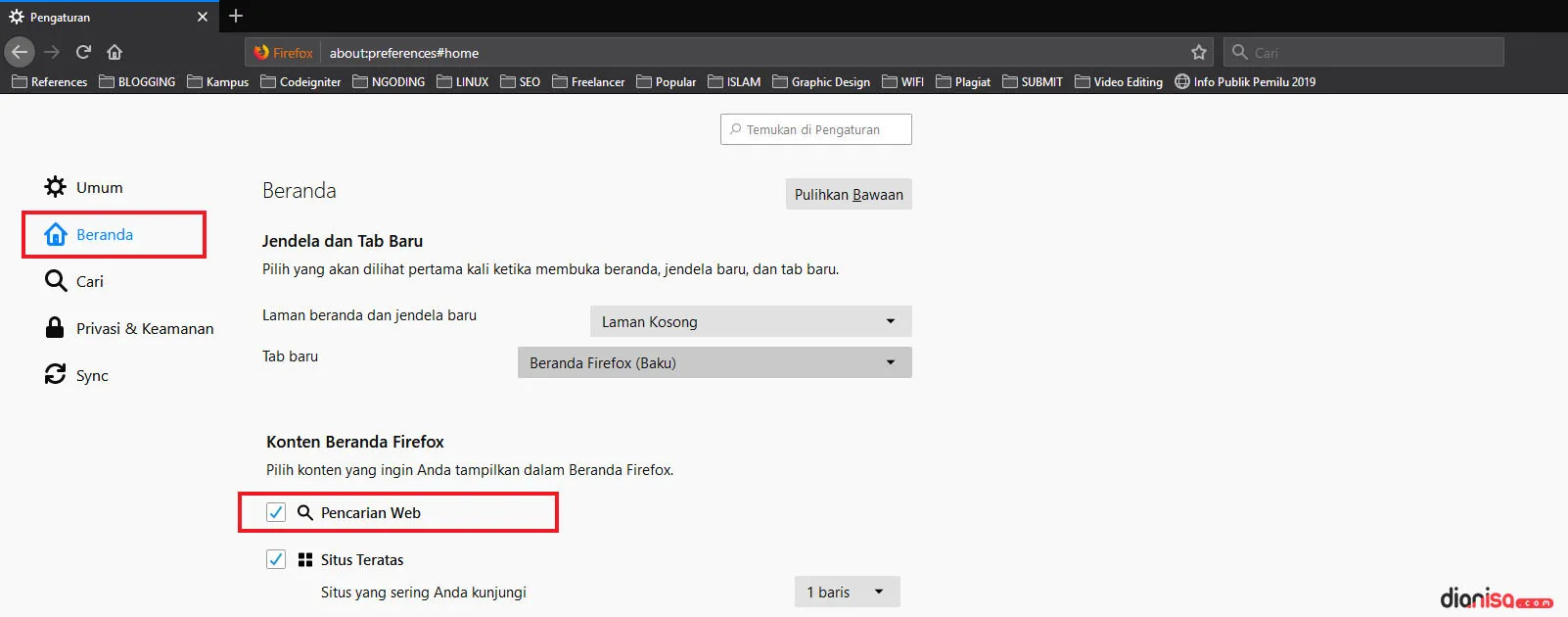 3. Hapus Box Pencarian Firefox