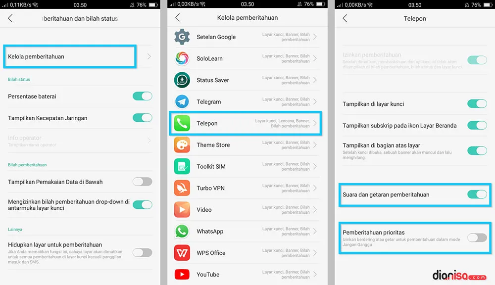 Cek Pemberitahuan dan Bilah Status