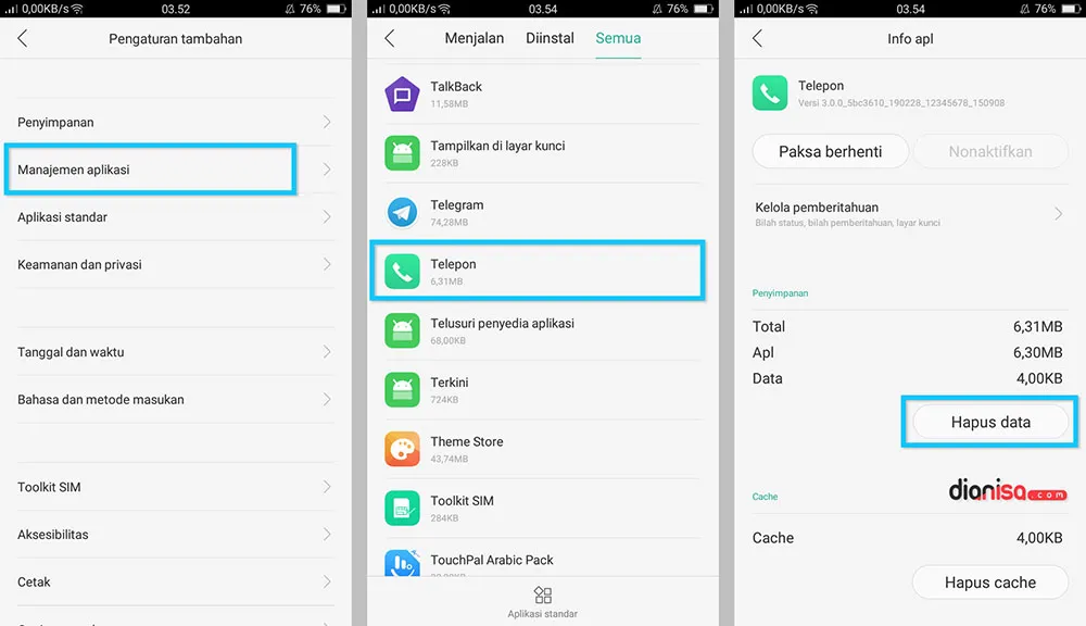 Hapus Data Aplikasi Telepon