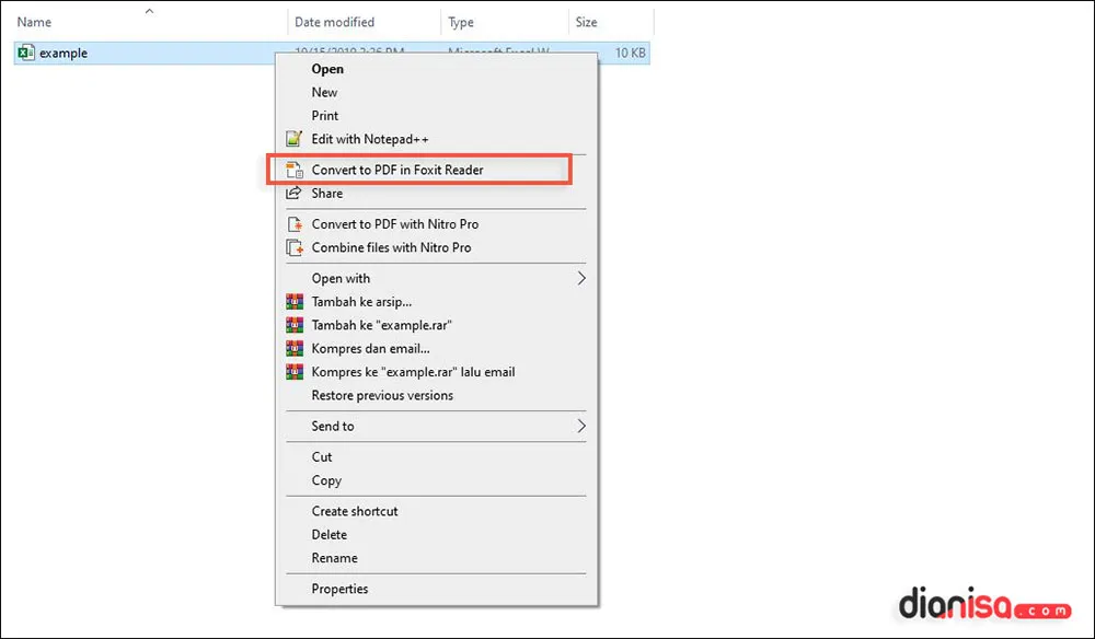 Konversi Excel ke PDF Foxit Reader