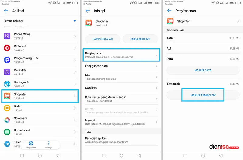 Menghapus Cache Aplikasi Shopintar
