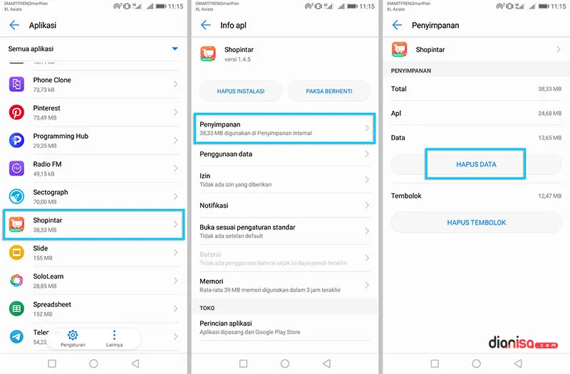 Menghapus Data Aplikasi Shopintar