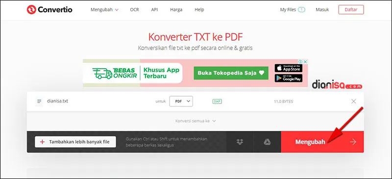 Mengubah TXT ke PDF convertio.co