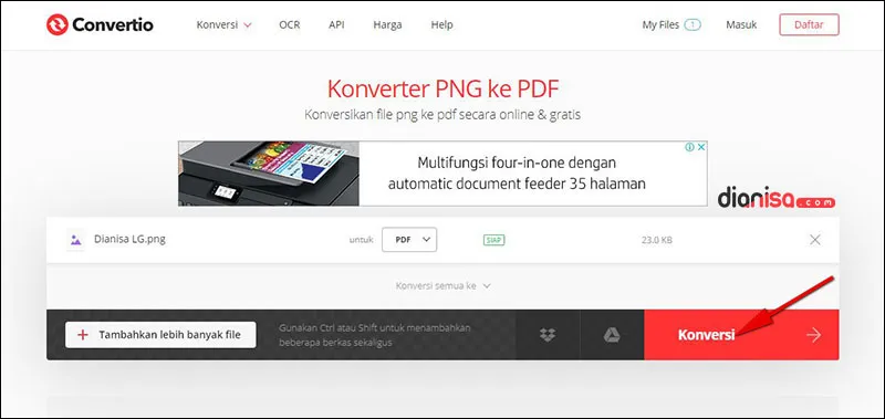 Mengubah file PNG ke PDF di Convertio