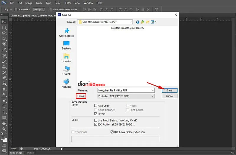 Mengubah file PNG ke PDF di Photoshop