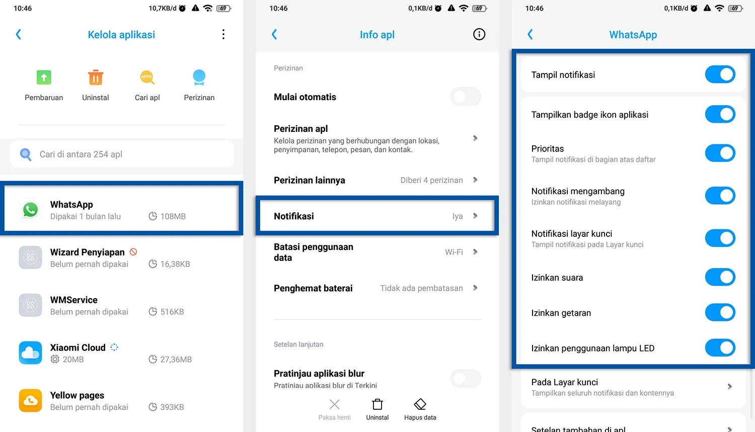 Aktifkan perizinan notifikasi WhatsApp