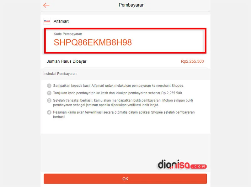 7. Pembayaran via Alfamart Shopee