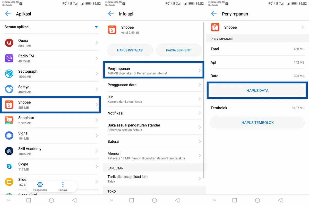 Hapus Data Aplikasi Shopee