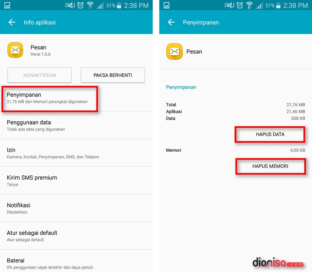 Menghapus Data Pesan SAMSUNG
