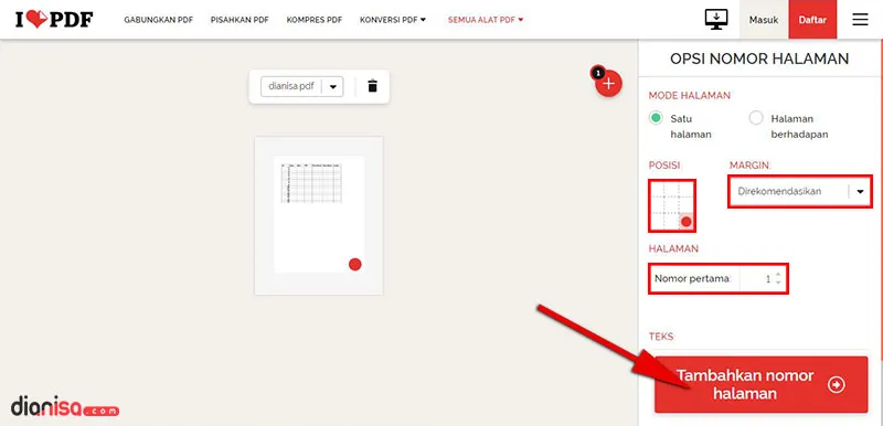 Page Number in iLovePDF