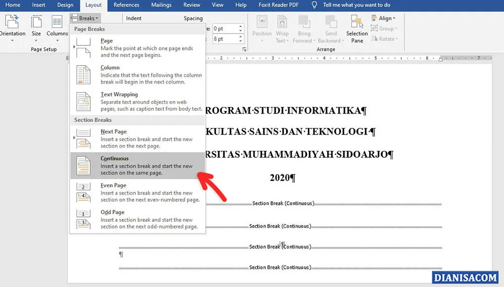 2 Menambahkan Break Continuous