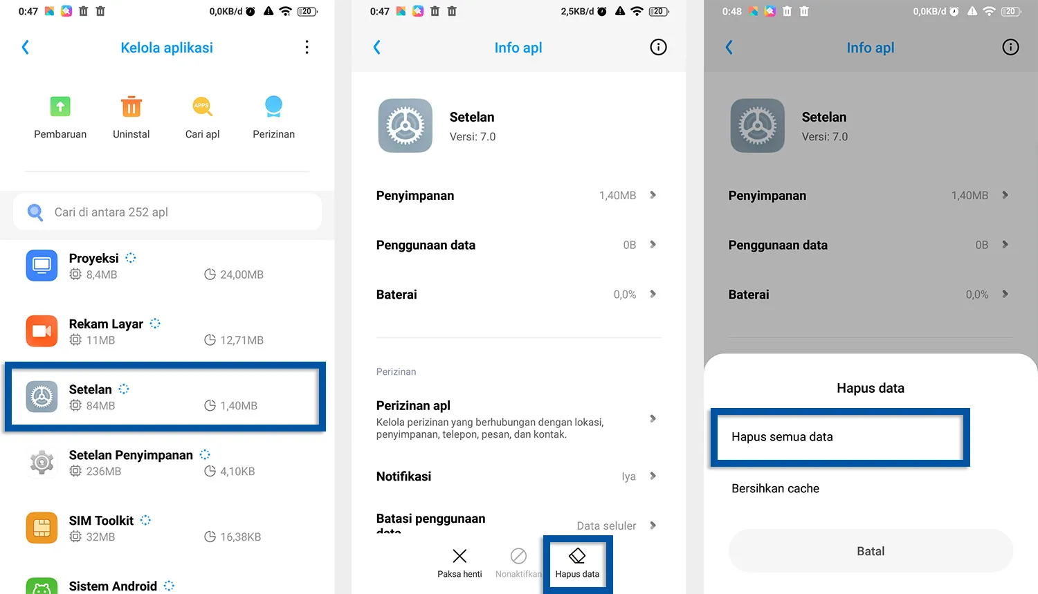Hapus data menu Setelan
