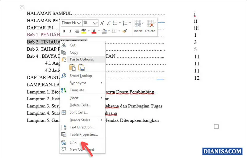 3. Menambahkan Hyperlink Daftar Isi Word