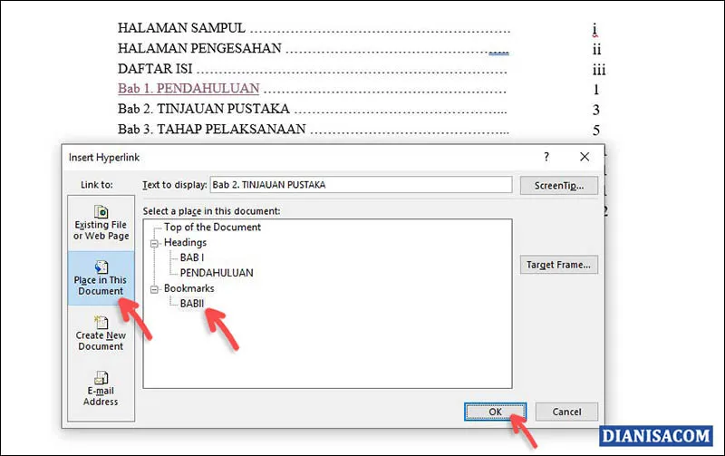 4. Membuat Hyperlink yang loncat ke Bookmark