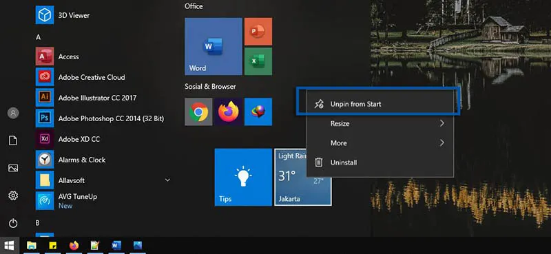 1 Menghilangkan Aplikasi dari Start Menu Windows 10