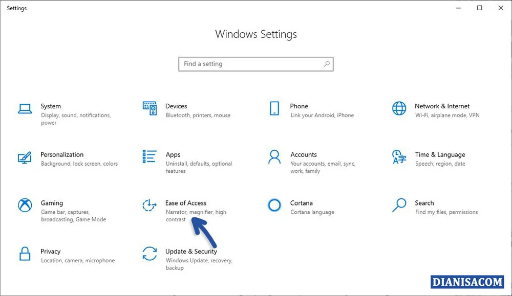 1 Memilih Fitur Ease to Access Windows 10