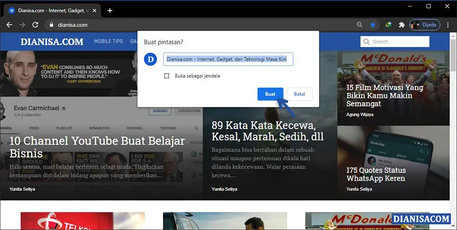 2 Menjadikan Web sebagai shortcut di desktop