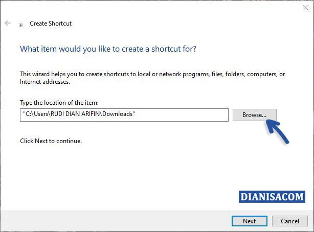 3 Memilih file yang ingin dijadikan Shortcut